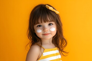A cute little girl wearing a yellow and white striped dress, with sunscreen on her face, posing for the camera against an orange background