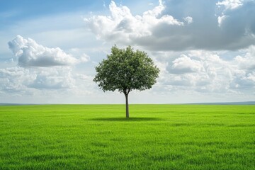 Obraz premium A solitary tree standing in a vast open field, surrounded by bright green grass that stretches endlessly under a partly cloudy sky, giving a sense of freedom and tranquility.