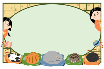 フレーム　猫　女性　和服