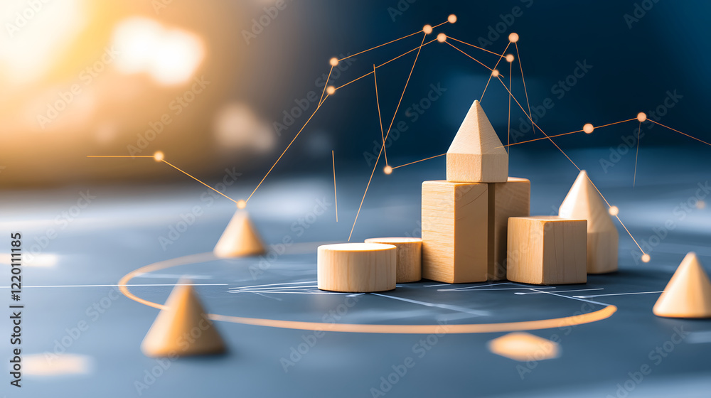 Poster 3D geometric shapes on a digital background with data visualization
