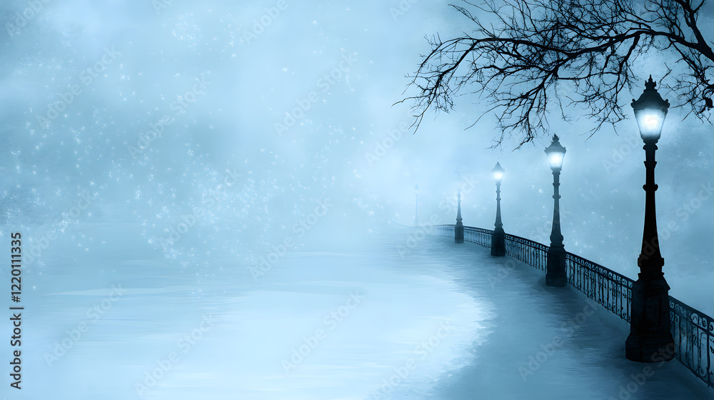 Poster misty walkway with lamp posts in a tranquil winter scene