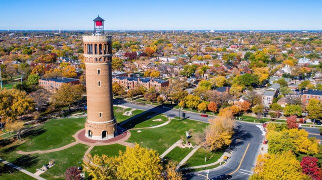 Autumnal Aerial View of the Evanston Water Tower, Illinois
