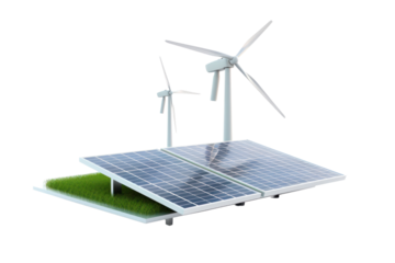 A close-up of a solar panel with a windmill in the background, illustrating the integration of two green energy sources. The sunlight reflects off the solar panel