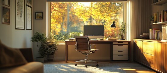 Fototapeta premium Autumnal Home Office Sunlight Bathes Workspace in Warmth