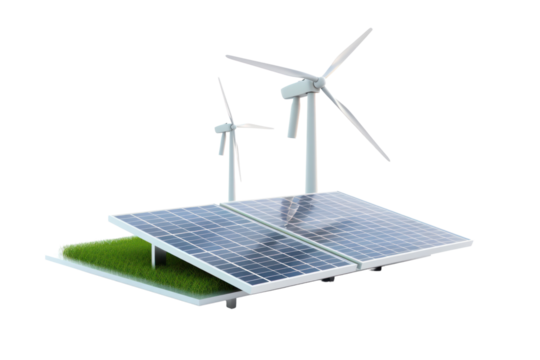 A close-up of a solar panel with a windmill in the background, illustrating the integration of two green energy sources. The sunlight reflects off the solar panel