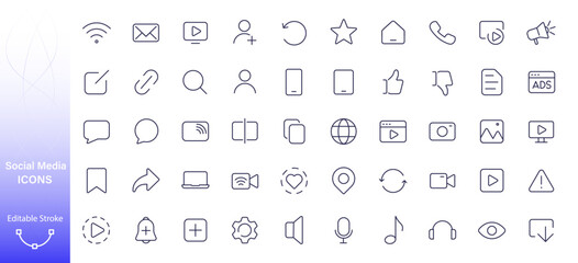 Social media icon. Set of outline icons for phone, computer, like, contact, social media, web design.