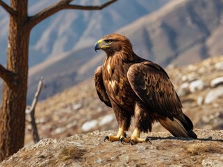 Fototapeta premium Golden Eagle With its golden-brown plumage and sharp eyes, the Golden Eagle is one of the most iconic and widespread raptors, often seen soaring gracefully over mountains and plains. Full body 