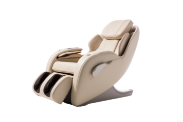 A reclining chair with built-in heating and massage functions, upholstered in soft beige fabric. The chair has a wide, inviting seat and a high back