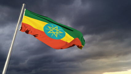 pretty Ethiopia flag on heavy dark clouds background - abstract 3D illustration