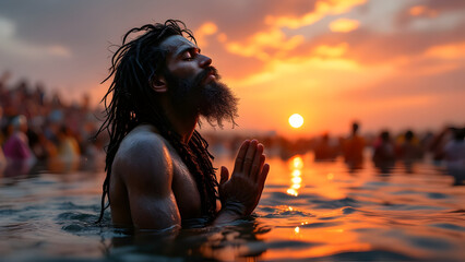 Indian Hindu sadhu taking holy bath in sacred river during Kumbh Mela religious gathering