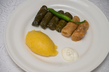 Stuffed Grape Leaves hot peppers and sour cream at wedding , Vrancea, Romania, 2024