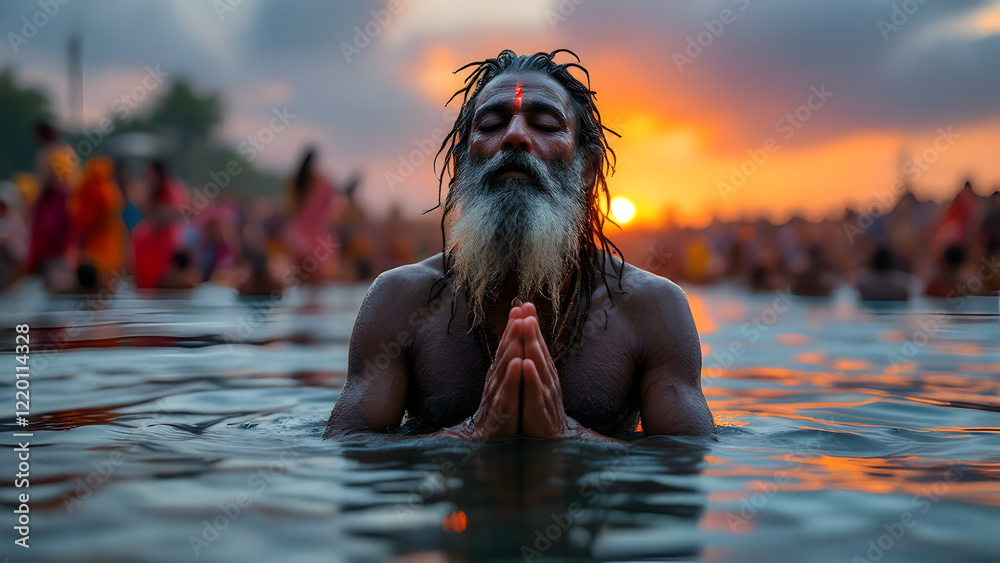 Wall mural Indian Hindu sadhu taking holy bath in sacred river during Kumbh Mela religious gathering