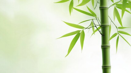 Obraz premium Green bamboo stalks with fresh leaves against a blurred green background with copy space for text