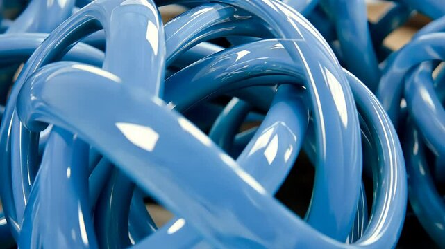 Close-up view of intertwined glossy blue plastic tubes arranged artistically on a flat surface
