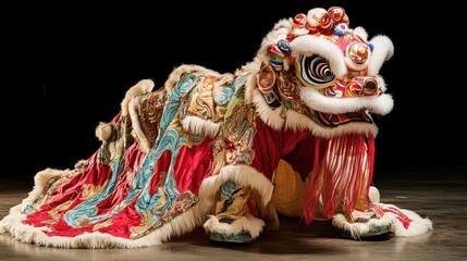 cultural richness of Chinese New Year with a lion costume featuring vibrant hues, detailed embroidery, and symbolic motifs of prosperity