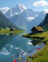 Serene Mountain Lake Reflection, Idyllic Retreat with Wildflowers