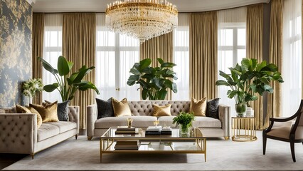 Luxurious living room interior with beige velvet sofas, gold accents, large windows draped in elegant curtains, and lush tropical plants, illuminated by a stunning crystal chandelier.