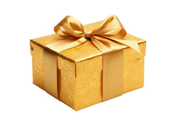 Obraz premium A vibrant golden gift box with an intricate bow tied at the top, adorned with delicate patterns and a shimmering finish. The box is placed in the center, showcasing its rich color and texture.