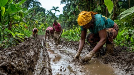 Women Cultivating Soil in Lush Tropical Landscape in Rainy Conditions