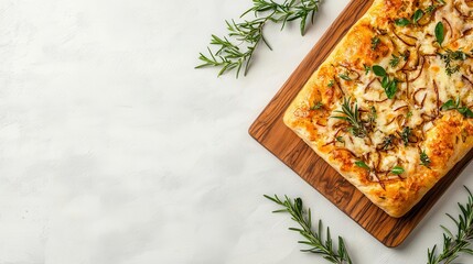 Rustic cheese and onion focaccia bread, topped with caramelized onions and fresh herbs, served on a wooden board