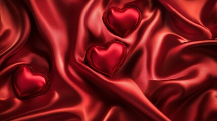 Obraz premium red background with smooth fabric-like textures, featuring a collection of glowing hearts that radiate love and warmth.