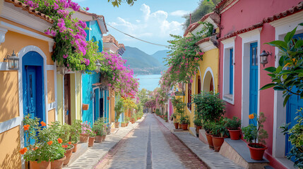 Naklejka premium For a relaxing spring trip, happy travelers explore the charming town. Spring flowers bloom along the streets, capturing the essence of tranquility and beauty in this rejuvenating season.