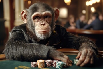 A chimpanzee wearing a stylish jacket sits confidently at a poker table in a bustling casino, focused on the chips in front of him with onlookers in the background