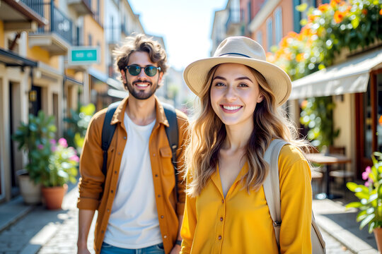 For a relaxing spring trip, happy travelers explore the charming town. Spring flowers bloom along the streets, capturing the essence of tranquility and beauty in this rejuvenating season.