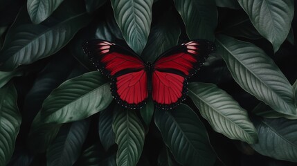 Crimson Butterfly Amidst Lush Green Foliage