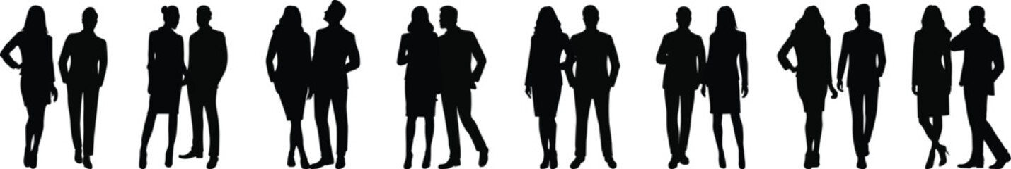 Silhouette of a Group of Business Couples, Men and Women, Standing in Professional Clothes
