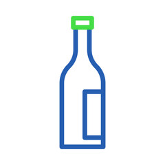 A graphic design of a blue bottle with green cap