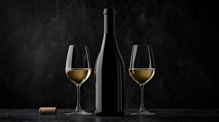 a glossy black wine bottle with detailed gold foil, accompanied by two glasses of white wine in a dramatic dark setting