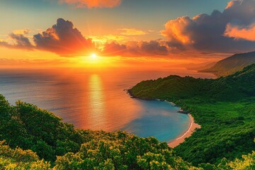 A stunning sunset view of a tropical island, with the sky painted in hues of orange and pink, reflecting on the calm ocean waters and illuminating the lush greenery of the island.