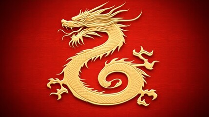 Golden Chinese Dragon Embossed Red Background Design