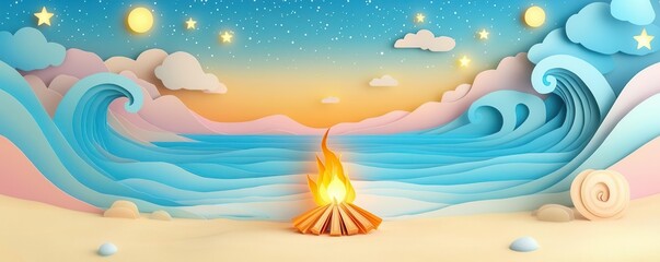 A bonfire on a paper-cut beach within a secluded cove, with glowing stars and gentle waves, 3D illustration