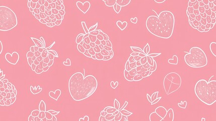 Pink seamless pattern with white line drawing of berries and hearts, on a pink background. Vector illustration, in a flat, cute, and minimalistic