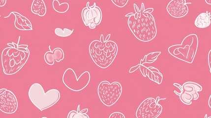 Pink seamless pattern with white line drawing of berries and hearts, on a pink background. Vector illustration, in a flat, cute, and minimalistic