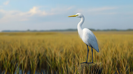 Obraz premium Elegant great egret standing in lush marshland wildlife photography natural habitat serene landscape view