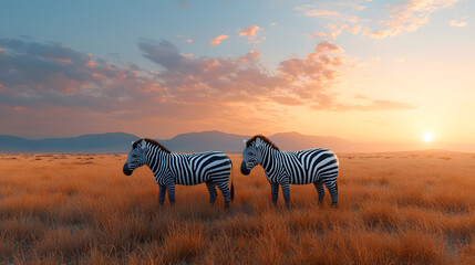 Obraz premium Zebras grazing at sunset in the serengeti wildlife photography natural landscape serene environment scenic view