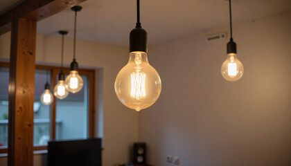 Stylish vintage light bulbs hanging in modern interior setting