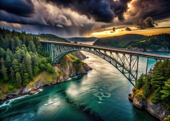 Fototapeta premium Aerial view: Deception Pass Bridge's stark silhouette against the dark grey waters of Washington State.