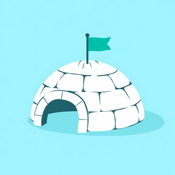 charming cartoon igloo with a flag on top set against a light blue background.