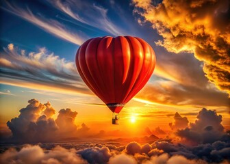 Obraz premium Aerial view: Macro sunset captures a red heart-shaped balloon soaring above fluffy clouds.