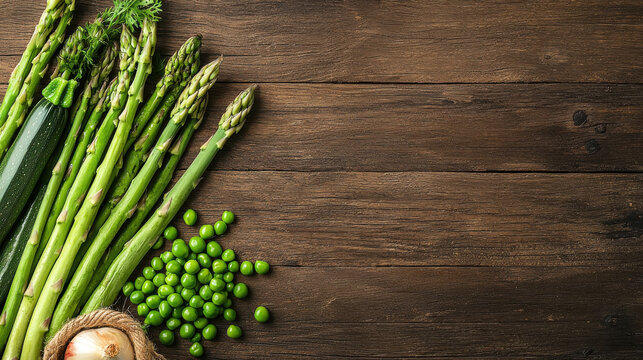 Fresh green vegetables like asparagus, zucchini, and peas on rustic wooden background