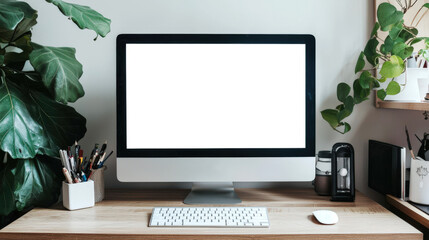 Fototapeta premium A mockup of a stylish monitor. Presentation of the website. There is a computer monitor on the table, and potted plants in the background. The table is filled with various objects