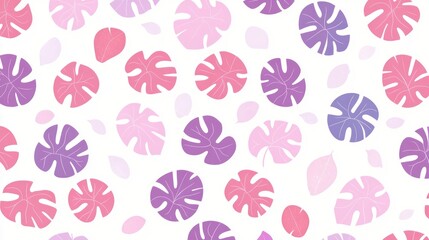 Pattern on a white background with pink and purple monstera leaves, simple shapes, and a cute design.