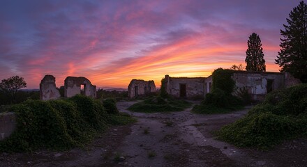 Ruins overgrown with vines at sunset