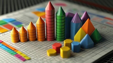 Colorful geometric shapes and graphs for educational purposes and data analysis in a vibrant layout