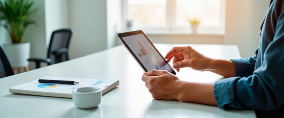 Fototapeta premium Person using tablet to analyze graphs in modern office