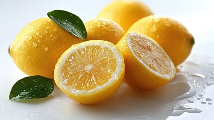 Juicy Lemons with Water Droplets and Fresh Leaves